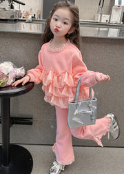 Lovely Pink O-Neck Chiffon Patchwork Kids Top And Pants Two Pieces Set Fall