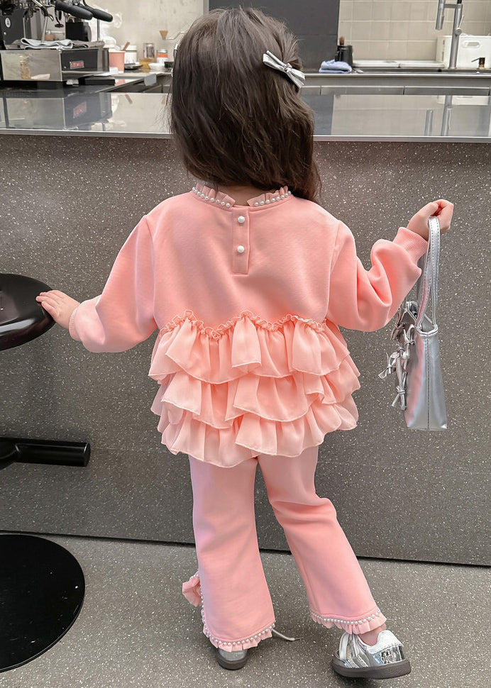 Lovely Pink O-Neck Chiffon Patchwork Kids Top And Pants Two Pieces Set Fall