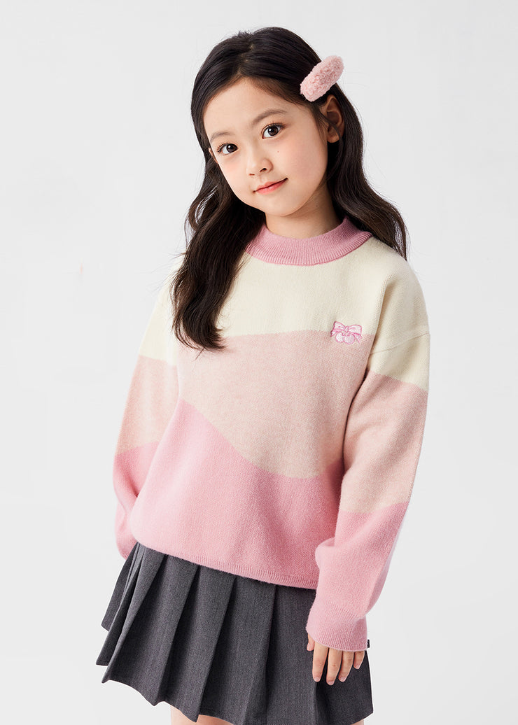 Lovely Pink O-Neck Cotton Knit Girls Sweaters Spring