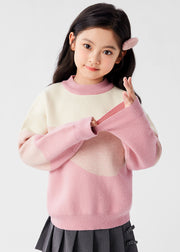 Lovely Pink O-Neck Cotton Knit Girls Sweaters Spring