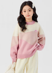 Lovely Pink O-Neck Cotton Knit Girls Sweaters Spring