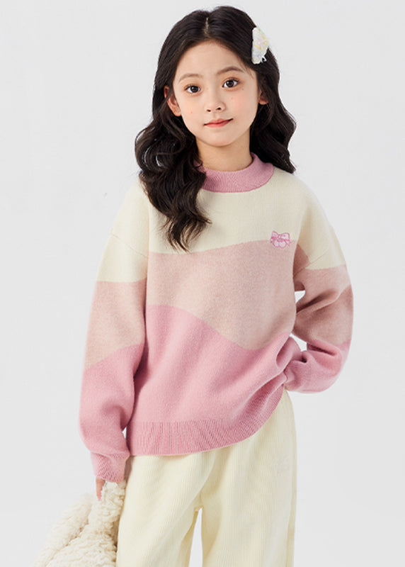 Lovely Pink O-Neck Cotton Knit Girls Sweaters Spring