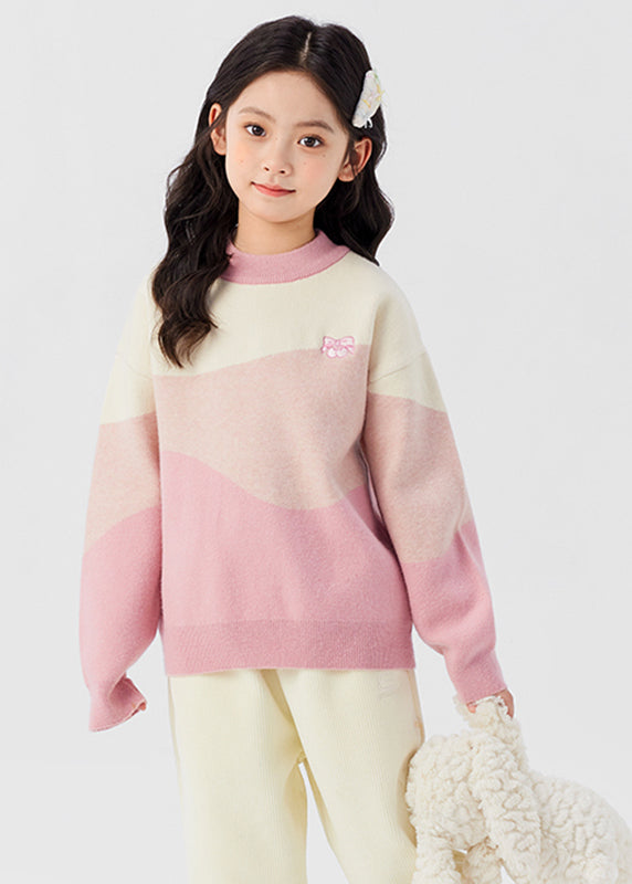 Lovely Pink O-Neck Cotton Knit Girls Sweaters Spring