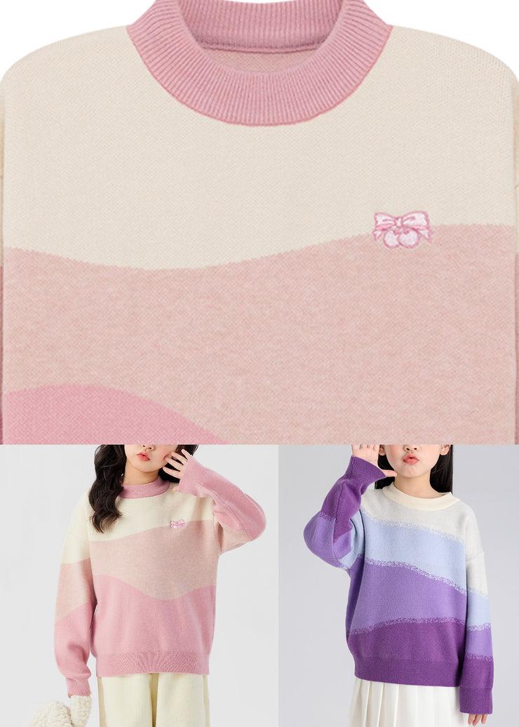 Lovely Pink O-Neck Cotton Knit Girls Sweaters Spring