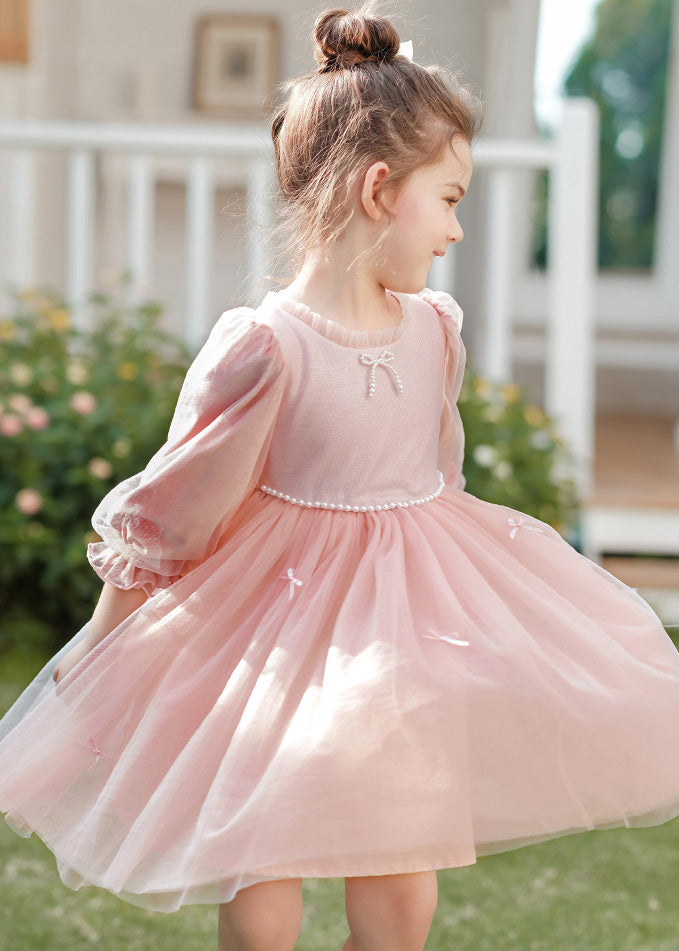 Lovely Pink O-Neck Nail Bead Silk Velour Patchwork Tulle Kids Mid Dress Spring