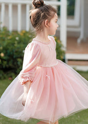 Lovely Pink O-Neck Nail Bead Silk Velour Patchwork Tulle Kids Mid Dress Spring