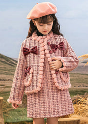 Lovely Pink O-Neck Patchwork Button Kids Coats And Skirts Two Pieces Set Spring