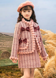 Lovely Pink O-Neck Patchwork Button Kids Coats And Skirts Two Pieces Set Spring