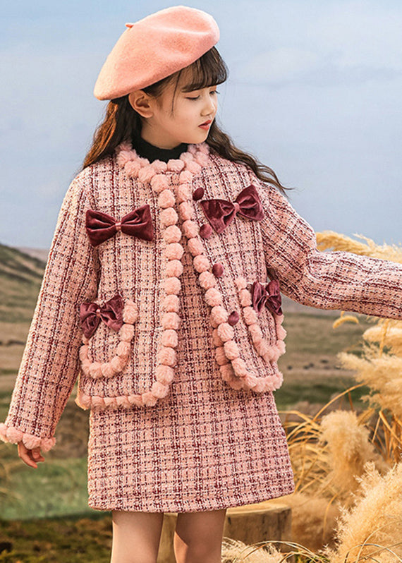 Lovely Pink O-Neck Patchwork Button Kids Coats And Skirts Two Pieces Set Spring