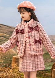 Lovely Pink O-Neck Patchwork Button Kids Coats And Skirts Two Pieces Set Spring