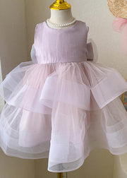 Lovely Pink O-Neck Patchwork Layered Tulle Kids Girls Dress Summer