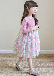 Lovely Pink O-Neck Print Tulle Girls Long Dresses Spring