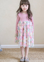 Lovely Pink O-Neck Print Tulle Girls Long Dresses Spring