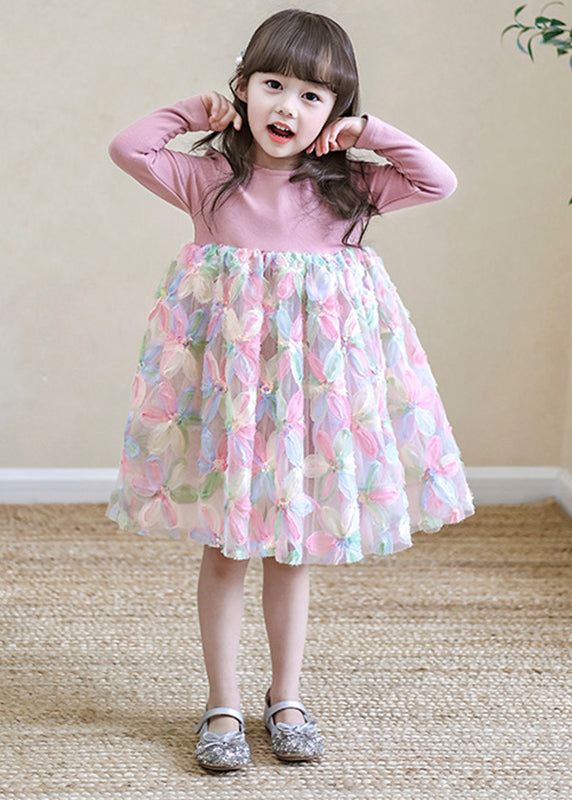 Lovely Pink O-Neck Print Tulle Girls Long Dresses Spring