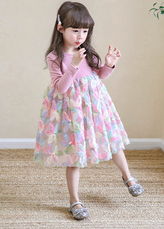 Lovely Pink O-Neck Print Tulle Girls Long Dresses Spring