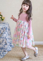 Lovely Pink O-Neck Print Tulle Girls Long Dresses Spring