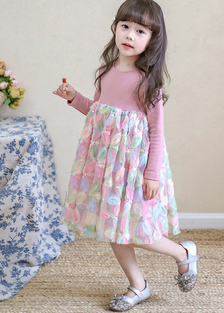 Lovely Pink O-Neck Print Tulle Girls Long Dresses Spring