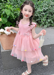 Lovely Pink O-Neck Tulle Patchwork Girls Dress Summer