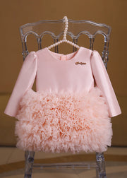 Lovely Pink Patchwork Tulle Kids Maxi Cake Dress Short Sleeve