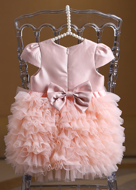 Lovely Pink Patchwork Tulle Kids Maxi Cake Dress Short Sleeve