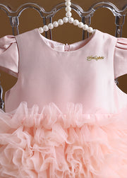 Lovely Pink Patchwork Tulle Kids Maxi Cake Dress Short Sleeve