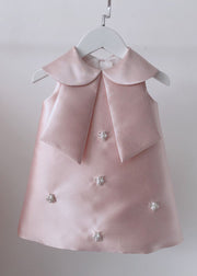 Lovely Pink Peter Pan Collar Bow Pearl Zircon Kids Maxi Dress Sleeveless