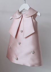 Lovely Pink Peter Pan Collar Bow Pearl Zircon Kids Maxi Dress Sleeveless