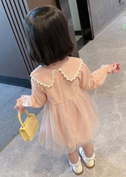 Lovely Pink Peter Pan Collar Dot Tulle Patchwork Kids Vacation Maxi Dresses Fall