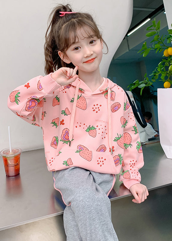 Lovely Pink Print Drawstring Kids Hooded Sweatshirt Long Sleeve