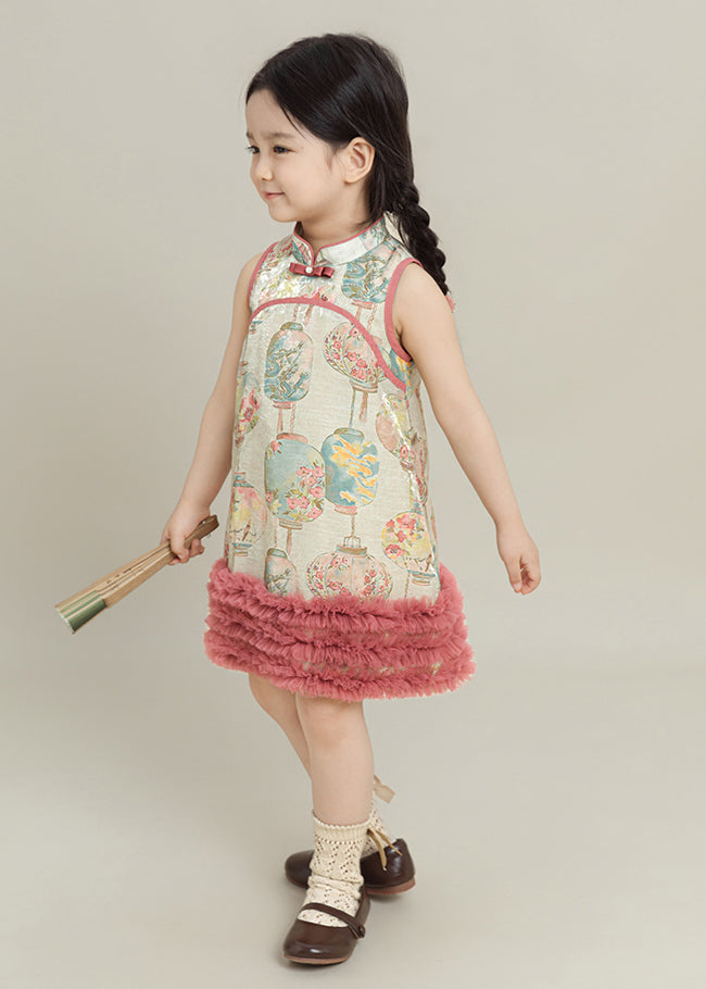 Lovely Pink Print Tulle Patchwork Girls Mid Dress Summer
