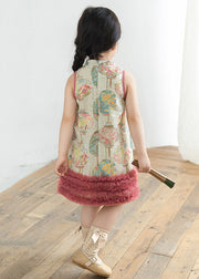 Lovely Pink Print Tulle Patchwork Girls Mid Dress Summer