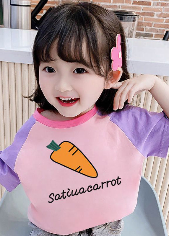 Lovely Pink Purple O-Neck Graphic Print Kids Tops Summer