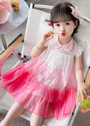 Lovely Pink Ruffled Patchwork Tulle Kids Layered Maxi Dresses Sleeveless