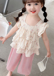 Lovely Pink Ruffled Tops And Pants Cotton Baby Girls Two Pieces Set Summer