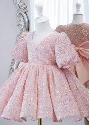 Lovely Pink Sequins Tulle Girls Long Dress Lantern Sleeve