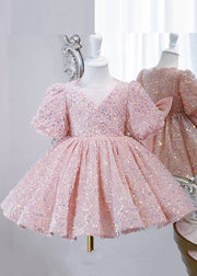 Lovely Pink Sequins Tulle Girls Long Dress Lantern Sleeve