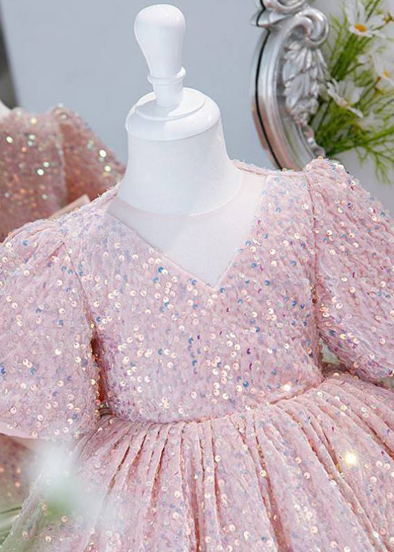 Lovely Pink Sequins Tulle Girls Long Dress Lantern Sleeve