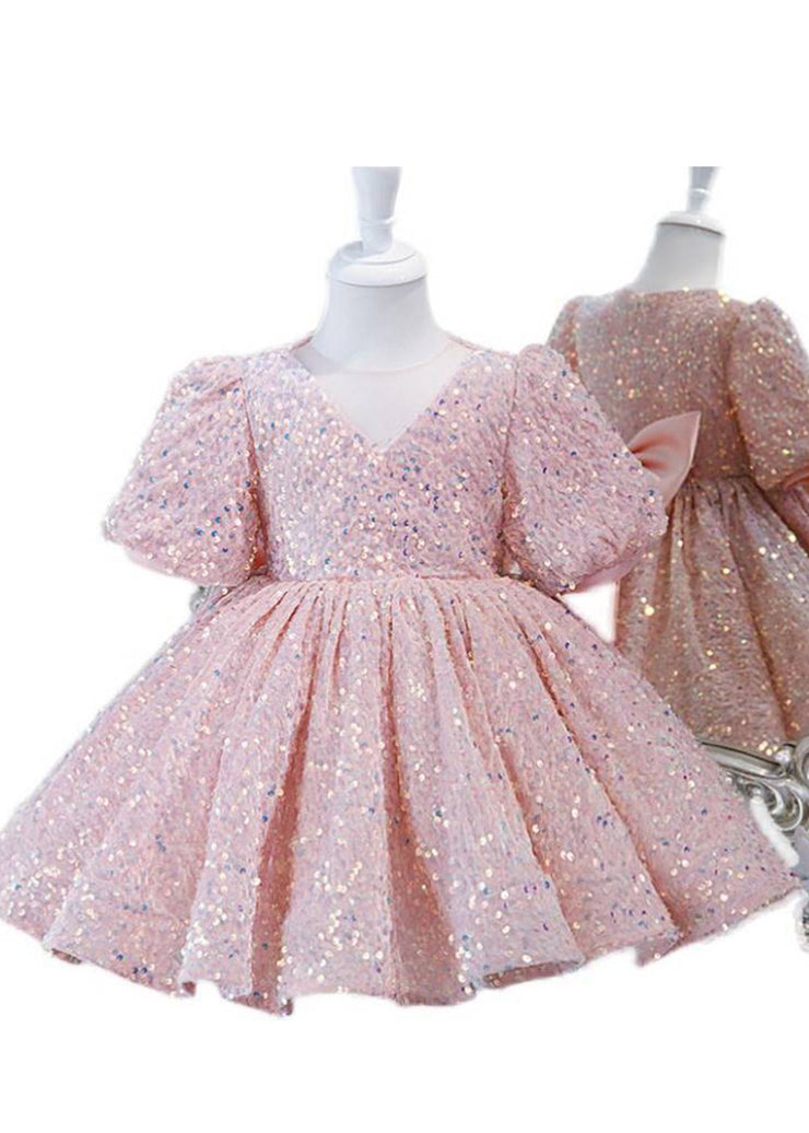 Lovely Pink Sequins Tulle Girls Long Dress Lantern Sleeve