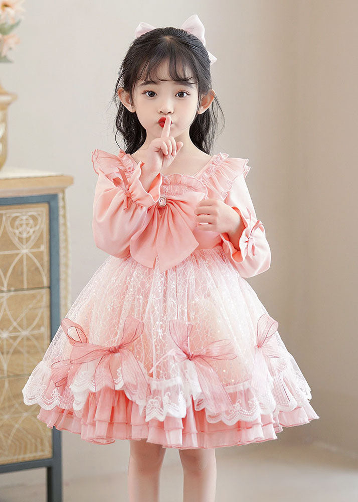 Lovely Pink Square Collar Bow Patchwork Tulle Kids Mid Dresses Long Sleeve