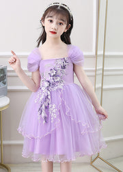 Lovely Pink Square Collar Embroideried Tulle Girls Maxi Vacation Dresses Summer