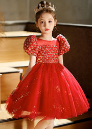 Lovely Pink Square Collar Patchwork Tulle Kids Long Dresses Short Sleeve