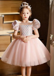 Lovely Pink Square Collar Patchwork Tulle Kids Long Dresses Short Sleeve