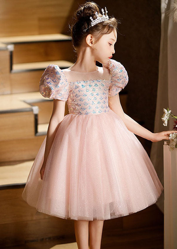 Lovely Pink Square Collar Patchwork Tulle Kids Long Dresses Short Sleeve