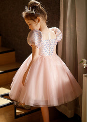 Lovely Pink Square Collar Patchwork Tulle Kids Long Dresses Short Sleeve