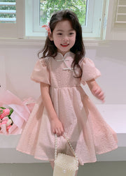 Lovely Pink Stand Collar Button Patchwork Cotton Kids Girls Dresses Summer