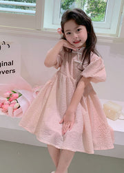 Lovely Pink Stand Collar Button Patchwork Cotton Kids Girls Dresses Summer