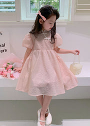 Lovely Pink Stand Collar Button Patchwork Cotton Kids Girls Dresses Summer