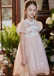 Lovely Pink Stand Collar Embroideried Lace Patchwork Tulle Baby Girls Mid Dress Short Sleeve