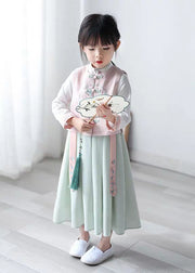 Lovely Pink Stand Collar Girls Waistcoat And Chiffon Long Dress Two Pieces Set Spring