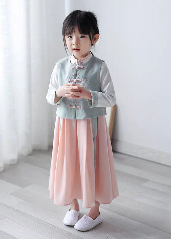 Lovely Pink Stand Collar Girls Waistcoat And Chiffon Long Dress Two Pieces Set Spring